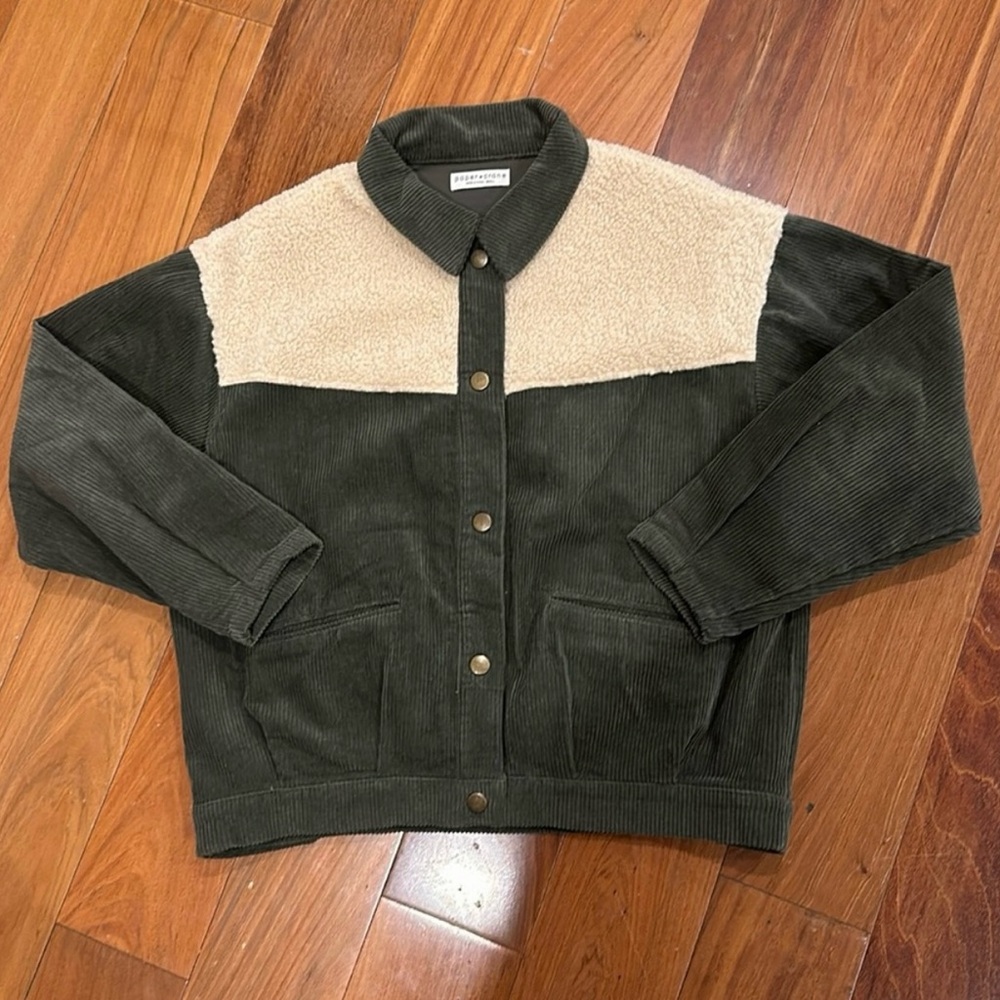 Paper Crane Olive Green Corduroy Jacket with Cream Sherpa